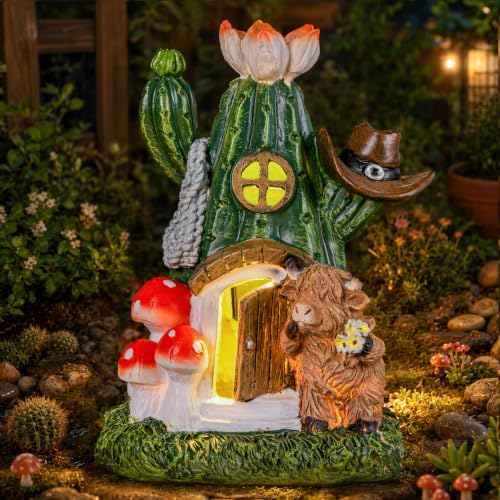 Fairy House Outdoor Figurine Lights, Highland Cow Garden Statue and Solar Cactus Mushroom House for Yard Patio Lawn Decor, Fairy Houses for Outside, Unique Garden Gifts for Women Mom by ElevateYourOutdoorGallery
