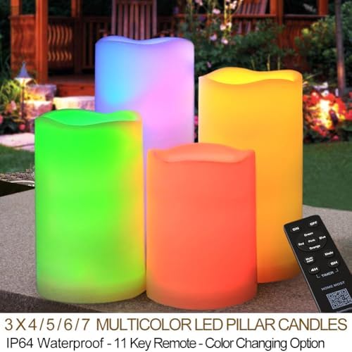 Set of 4 Multicolor LED Pillar Candles Outdoor IP64 Waterproof 3x4 3x5 3x6 3x7 - Color Changing Pillar Candles Battery Powered - Unscented LED Candles Assorted Colors with Timer and Remote - Image 2