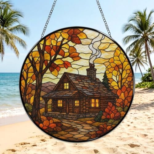 Autumn Maple Log Cabin Stained Glass Suncatcher 9.8" Colorful Window Hanging Ornament, Retro Sun Catcher Decor with Chain for Home Wall Garden Birthday Christmas Mothers Day - Image 3
