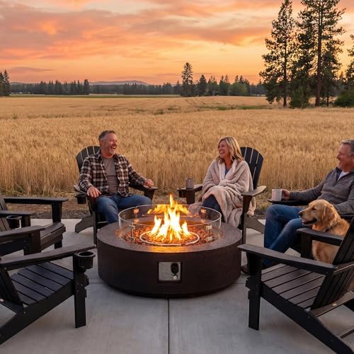 COSIEST 42 inch Outdoor Propane Fire Pit Coffee Table w Concrete Round Base Patio Heater, Certified, 50,000 BTU Stainless Steel Burner, Free Lava Rocks, Wind Guard, Rain Cover - Image 3