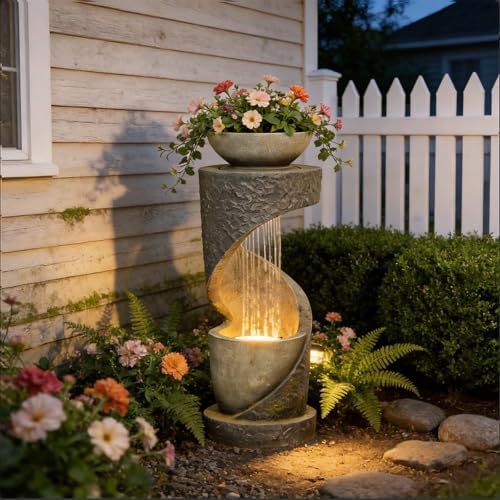 Tiered Outdoor Water Fountain, Modern Spiral Cascading Waterfall Fountain with Planter, Freestanding Resin Indoor Water Feature for Room, Garden, Patio, Deck, 31.5"H with Light Stone-Texture by waterfountain