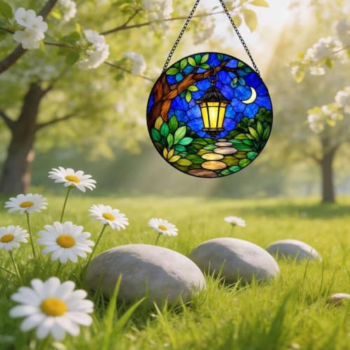 Stained Glass Suncatcher Moonlight Lantern Window Hanging Art, Night Garden Landscape Decor for Mom, Unique Birthday Gift for Her, Home Accents Indoor Wall Ornament (Mixed,11.8×11.8 in) - Image 4
