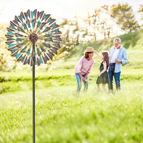 Wind Spinner Kinetic Wind Sculpture, 24.3"W x 79.3"H Large Metal Outdoor Windmill with 5‑Prong Stable Base, 360° Wind Catcher, Eye‑Catching Yard Art Decor for Patio Lawn Garden Backyard (Retro Green) - Image 7