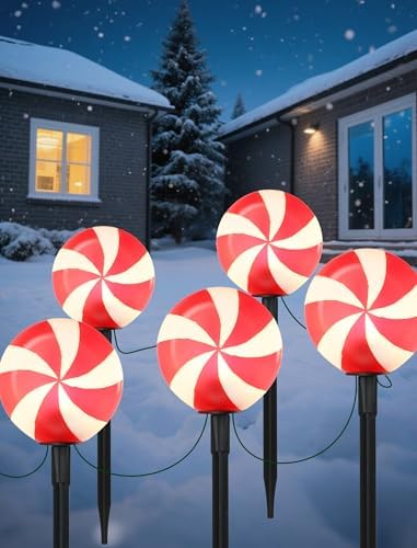 10.5FT Christmas Pathway Lights, 5PK LED Candy Cane Yard Stake Lights - Image 3