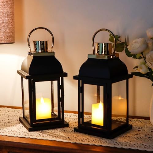 Set of 2 Decorative Candle Lantern 10'' High Black Hanging Candle Holder Metal Vintage Lantern Decor with Tempered Glass for Indoor Outdoor Home Table Patio Wedding by Unknown