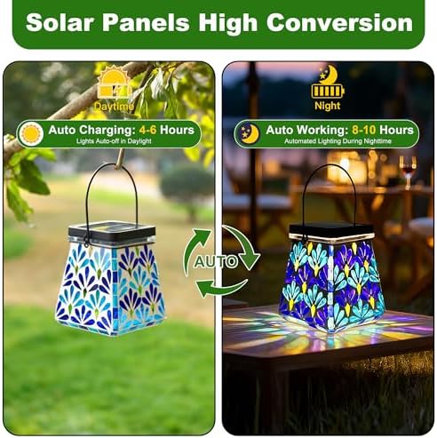 VOREEN Mosaic Solar Lantern, Colorful Mosaic Glass Decorative Lantern for Outdoor Garden & Patio, Tabletop or Hanging Solar Powered Light, Blue Petal Mosaic Design - Image 3