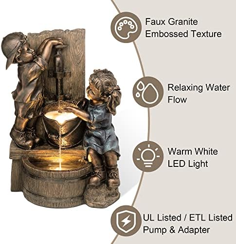 Glitzhome Outdoor Water Fountain with LED Light, Children Playing with Faucet Waterfall Fountains, Antique Bronze Resin Boy and Girl Statue Outdoor Waterfall Fountain for Patio Backyard Garden, 25”H - Image 3