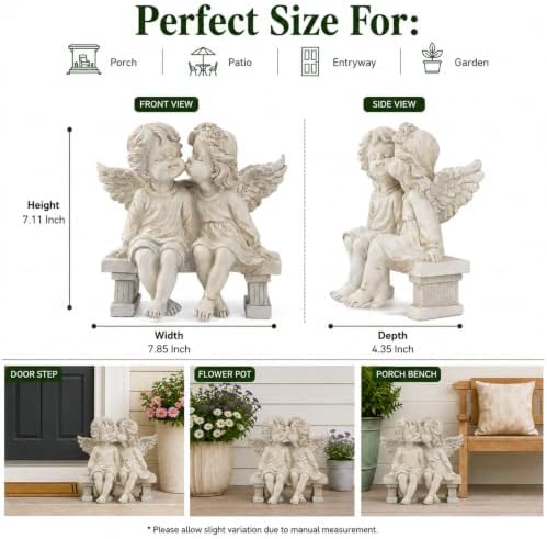 Kissing Angels Garden Statue Outdoor Decor, Cute Vintage Cherub Couple on Bench Resin Sculpture, Weather-Resistant Yard Art for Patio, Lawn, Memorial Garden Gifts for Women (Stone) - Image 4