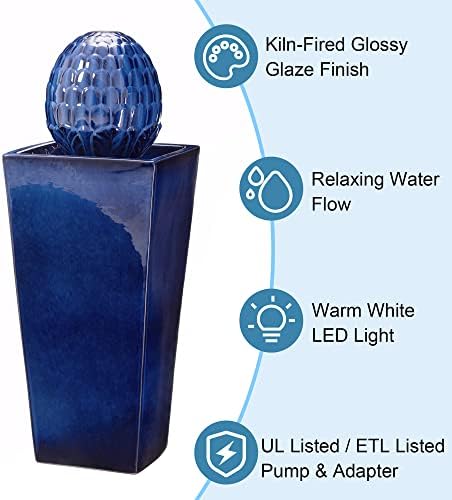 Glitzhome Water Fountain Outdoor with LED Light, Oversized Ceramic Pedestal Garden Fountains Outdoor, Artichoke Outdoor Fountains and Waterfalls Water Feature, Cobalt Blue, 35.75" H - Image 2