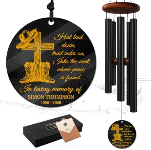 Personalized Memorial Wind Chimes for Outdoors Cowboy Cross Tribute Christian Sympathy Gift Custom Name Years for Loss of Loved One Dad Husband Faith Ranch Keepsake Hanging Garden Remembrance by AlpadilCo