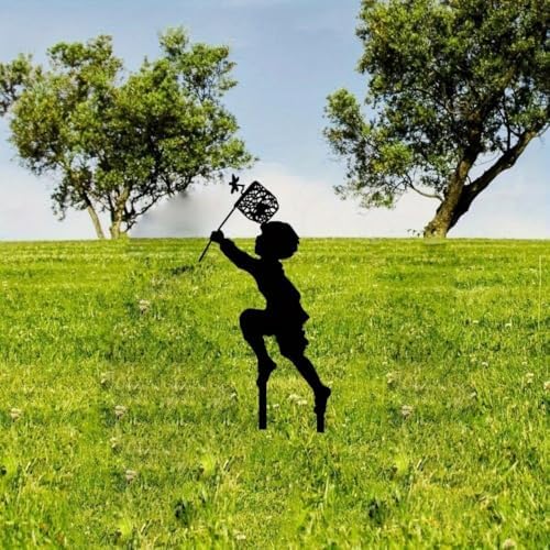 Vintage Metal Garden Stake - Rustic Outdoor Decor with Boy Catching Butterfly Design, Durable Freestanding Yard Art for New Year’s & Holiday Enhancements - 34cm x 16cm(Black) - Image 2