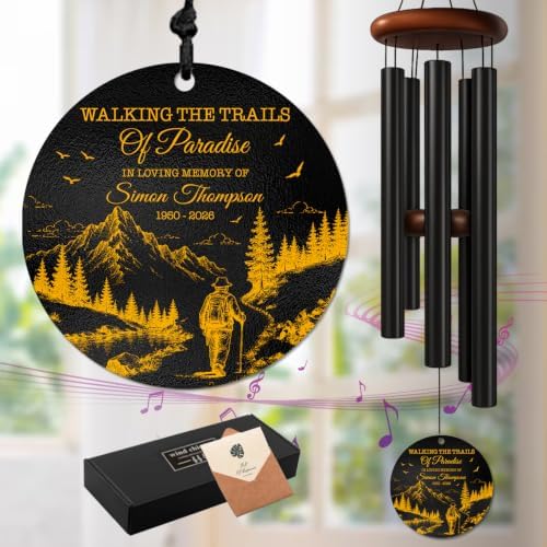 Personalized Hiking Memorial Wind Chime Custom Name & Year, Walking the Trails of Paradise Sympathy Gift for Loss of Adventurer, Remembrance Windchimes Outdoor Garden Deep Tone by AlpadilCo