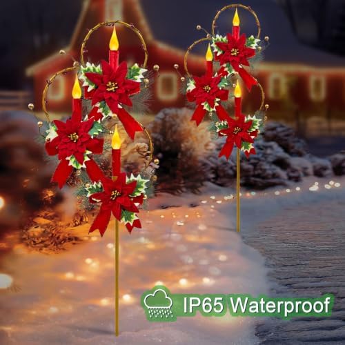 Solar Christmas Decorations Outdoor,Trio Holiday Red Candles Garden Stakes - Image 5