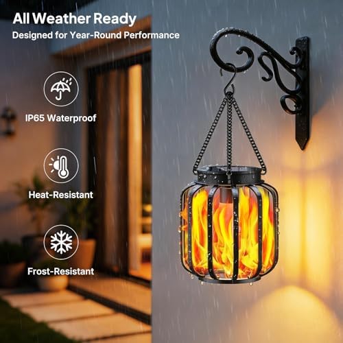 TomCare Solar Lights Outdoor 4 Pack Flickering Flame Metal Hanging Lanterns - Image 5
