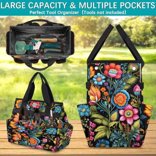 Colorful Flowers Garden Tool Bag Organizer Heavy Duty Spring Summer Gardening Tote Bag with 10 Pockets for Women Men Gardening Gifts - Image 4