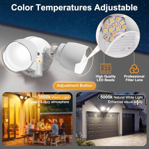 LED Flood Light Outdoor, Exterior Security Lights, 3000K/5000K Light, IP65 Waterproof, Dual-Head Wall/Eave Mount Flood Light Energy Saving for Garage, Patio, Yard (White-Modern, 1 Pack) - Image 3