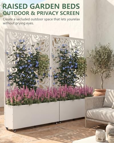2PCS Metal Planter Box with Trellis,70.9"x47.2"x15.7" Raised Garden Bed with Drainage Holes, Privacy Planters for Outdoor Garden Bed for Climbing Plants,Vegetables,and Vines, White-Flower - Image 3