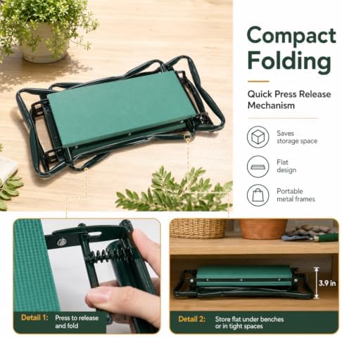 Garden Kneeler and Seat, Foldable Kneeling Stool with Thicker EVA Foam Pad, Heavy Duty Bench with Tool Pouch, Gifts for Outdoor Gardening, Fishing, Green, Arbor Day Gift - Image 4