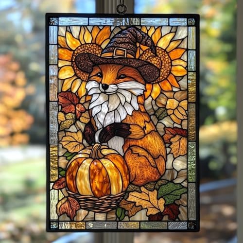 Witch Fox Sunflower Fall Pumpkin Acrylic Suncatcher by AVAGAN