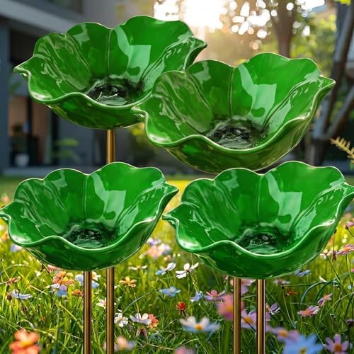 Handmade Metal Flower Garden Stake, 2 in 1 Detachable Outdoor Bird Bath & Pollinator Water Station, Weatherproof Bee Butterfly Drinking Bowl, Colorful Yard Lawn Art Decor Ornament (4, Green) by Unknown