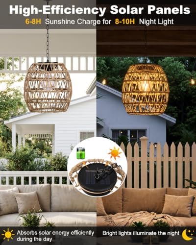 Hanging Solar Lanterns Outdoor Waterproof, Rattan Wicker Hanging Chandelier - Image 3