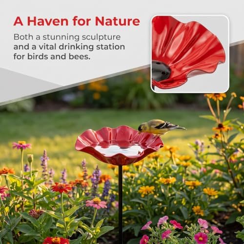 Handmade Metal Flower Garden Stake, 2 in 1 Outdoor Bird Bath & Pollinator Water Station, Weather Resistant Yard Art Decor, Detachable Butterfly Bee Drinking Bowl Garden Ornament (4, Green) - Image 2