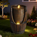 Barrel Waterfall Fountain with LED Lights Rustic Wood Look Cascading Water Feature Resin Garden Decor for Patio Yard Porch - Image 5