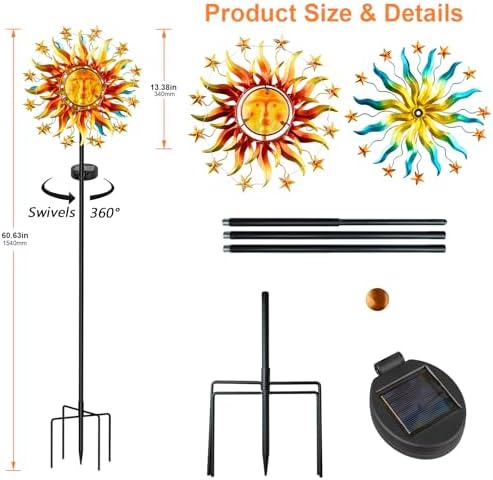 60.3" Solar Wind Spinner Outdoor Metal Sun Kinetic Sculpture – Dual-Sided Garden Spinner with Waterproof LED Vine Lights, Rust-Proof Yard Art Decor for Patio, Lawn & Pathway - Image 3