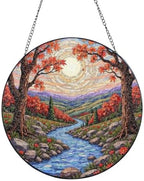 River Flows Through Autumn Landscape Stained Glass Suncatcher 9.8 Inch by Unknown