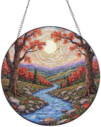 River Flows Through Autumn Landscape Stained Glass Suncatcher 9.8 Inch by Unknown