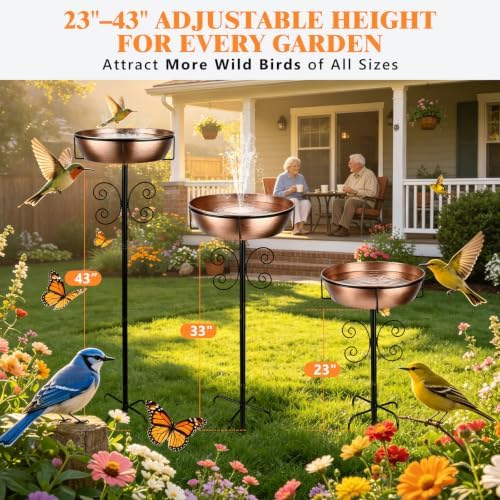 Btefd 3" Deep 43" Tall Copper Metal Bird Bath for Outdoor, 12" Dia Removable Bird Baths Water Bowl for Outside, Standing Birdbaths with Stable Stake for Garden Yard Lawn Decor 1.4 Gallon - Image 3