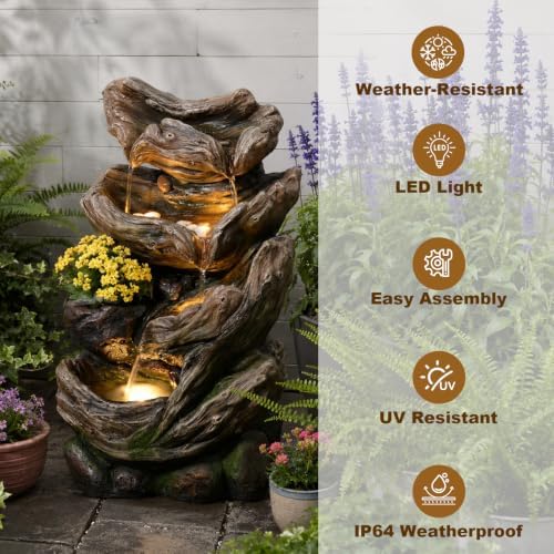 25.2" H Water Fountain Outdoor with LED Lights and Built-in Planter, Garden Water Feature with Tree Trunk Design for Patio Backyard Porch Decor - Image 3