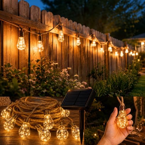 Boho Fairy String Lights Outdoor Solar Powered, Vintage Rope Hemp Bulb LED Patio Lights, Waterproof Shatterproof Backyard String Lights for Garden Fence Decor (Warm White - 25lights, 456, Inches) by Unknown