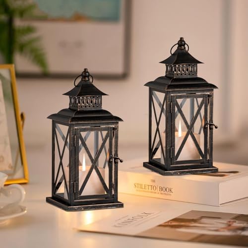 Lantern Decorative Indoor & Outdoor, 2 Pack Large Hanging Candle Lanterns Home Decor, Vintage Metal Candle Holders for Front Porch Patio Wedding Party, Halloween Christmas Decorations (Black) - Image 2