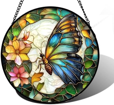 Green Butterfly Flower Stained Glass Window Hanging Suncatcher Gifts 15" by DASTOLL