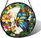 Green Butterfly Flower Stained Glass Window Hanging Suncatcher Gifts 15" by DASTOLL