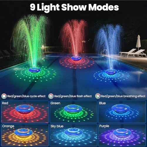 Floating Pool Fountain with Lights Show, 9 Pool Light Modes and 3 Fountain Modes with Remote for Inground Above Ground Pool, Upgraded Rechargeable Pool Fountains with Anchor-1 PC - Image 2