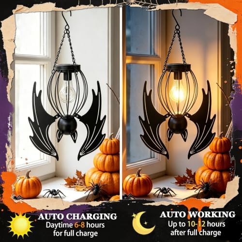 Metal Black Bat Hanging Solar Lights for Outside Outdoor Halloween Decor - Image 2