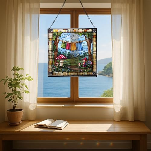 Gnome Hanging Laundry Stained Glass Suncatcher – Square Hanging Window Panel for Home, Garden, Nursery, Halloween, Christmas, Memorial Day – Whimsical Glass Art Gift for Gnome Lovers covd1h - Image 6