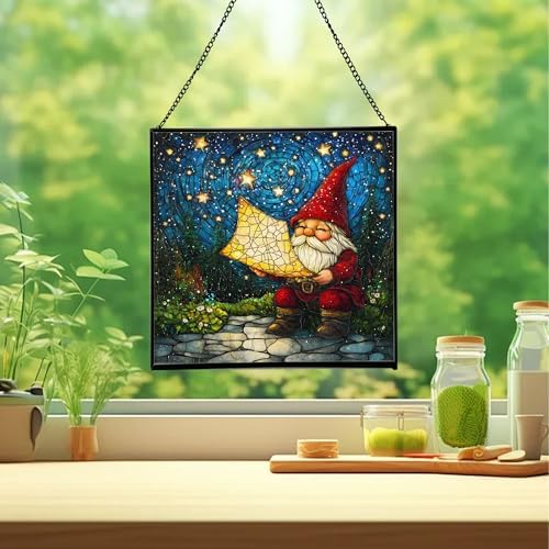 Gnome with Star Map Stained Glass Suncatcher – Square Hanging Window Panel for Home or Greenhouse – Whimsical Glass Art Gift for Garden Lovers, Christmas, Halloween, Father Days 3TxNhD - Image 2