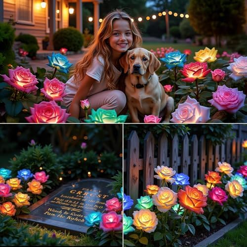 KOOPER 6 Pack Solar Lights Outdoor Garden Decor, 7 Color Changing Solar Flowers Outdoor Waterproof with 30 Bigger & Realistic Rose, Enlarged Size Panel for Patio Yard Garden Cemetery Decoration, Gifts - Image 6