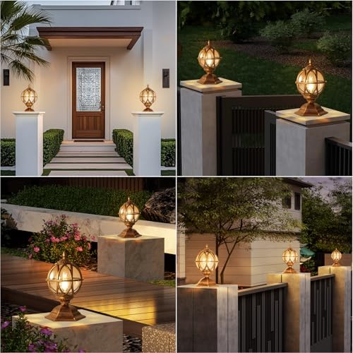 Outdoor Post Caps Lights Fixture Exterior Post Mount Column Lights IP55 Waterproof Pillar Lamps Fence Deck Caps Lanterns With Globe Amber Glass Landscape Lighting Yard Porch Gate Bollard Pedestal Lamp - Image 4