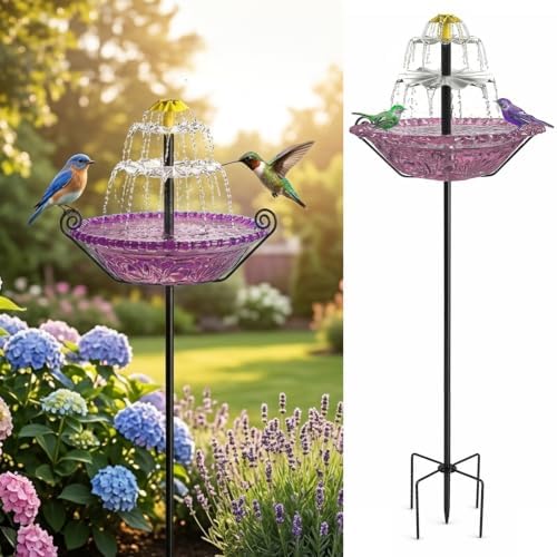Bird Bath with Solar Fountain for Outside, 1.45 Gal Plastic Bird Bath Bowl with Metal Stake, Outdoor Garden Decor for Yard Patio Lawn (XL-Purple) by wosdy