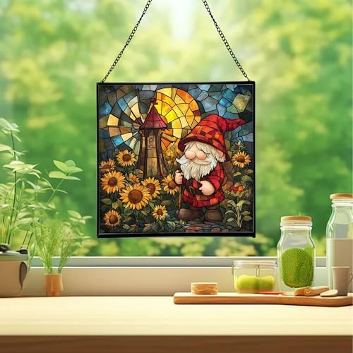Gnome with Windmill Garden Stained Glass Suncatcher – Square Hanging Window Panel for Home or Greenhouse – Whimsical Glass Art Gift for Garden Lovers, Christmas, Halloween, Father Days HML9Z6 - Image 2