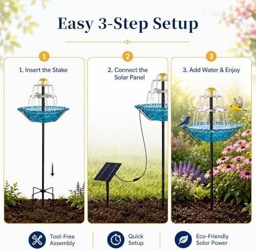 Bird Bath with Solar Fountain for Outside, 1.45 Gal Plastic Bird Bath Bowl with Metal Stake, Outdoor Garden Decor for Yard Patio Lawn (XL-Purple) - Image 3
