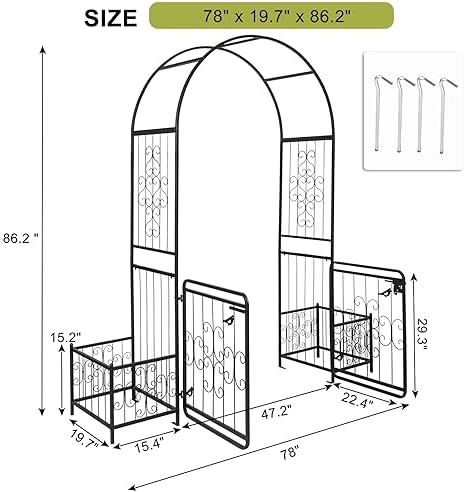 Garden Arbor with Gate and Planter, 7FT Wedding Arches for Ceremony, Metal Arbor Trellis for Climbing Plants Outdoor, Black Garden Archway for Lawn, Patio and Backyard, Includes Ground Stakes - Image 4