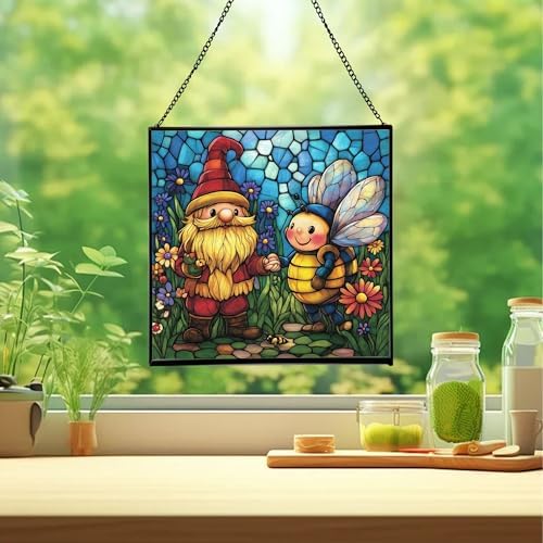 Bee Friend Gnome Stained Glass Suncatcher – Square Hanging Window Panel for Home or Greenhouse – Whimsical Glass Art Gift for Garden Lovers, Christmas, Halloween, Father Days SepAyu - Image 2