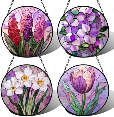 DASTOLL Stained Glass Window Hanging 4 Pcs Set Purple Flower Theme Large 15" - Tulip Suncatcher Door Garden Sun Catcher Decor Birthday Christmas for Plant Lovers Woman Nana Men by DASTOLL