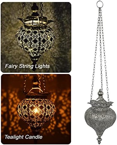 Westcharm Antique Silver Oriental Moroccan Ramadan Lantern Metal Hanging Pendant Light Candle Lantern Lamp Decorative Decor Indoor Outdoor - Small - Image 4