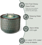 Glitzhome 14.75”H Outdoor Ceramic Water Fountain with LED Light and Pump, Embossed Leaf Pattern Floor Standing Bird Bath Fountain with Two Birds Decor for Patio Porch Deck Backyard, Turquoise - Image 3